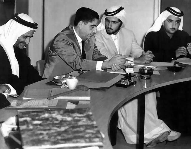 Sheikh Mohammed Bin Rashid Al Maktoum speaking with Ahmed-Adi Al Bitar in 1969. Source: Wikipedia