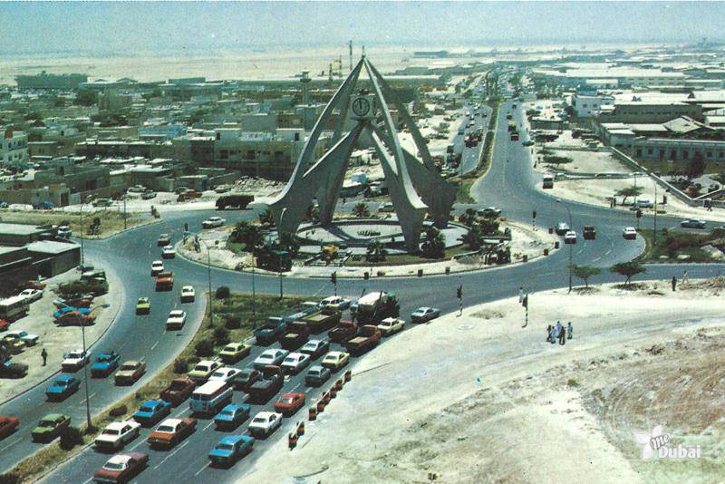 Dubai’s Clock Tower towards Dubai Airport Road in 1986 designed by architect Zaki Al-Homsi. Source: MeDubai