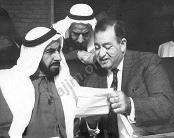 Najim Al Deen Hammudi with Sheikh Zayed in Khawaneej Rest House in Dubai in 1970. Source: Najim.org