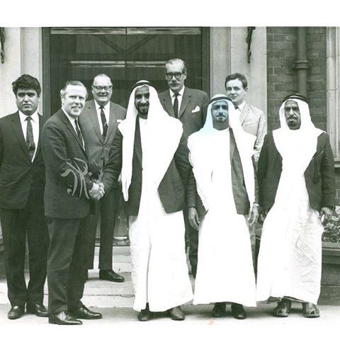 Ahmed Mohammed Al Obaidly standing first from the left on this visit by Sheikh Zayed to London in the 1960s. Source: Hussain Al Badi