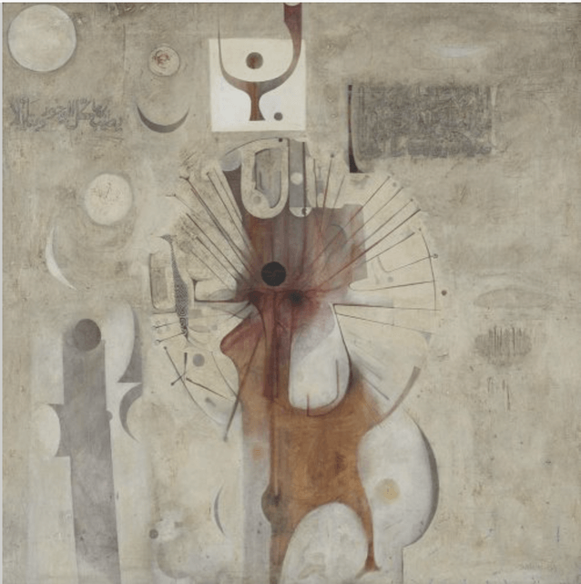 The Last Sound by Ibrahim El-Salahi, (Oil on Canvas) 1964 from The Barjeel Art Foundation.