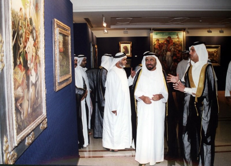 harjah ruler Dr Sheikh Sultan Al Qasimi with collector Sheikh Hassan Al Thani at the opening of 100 Years of Arab Art in November 2000 at the Sharjah Art Museum.