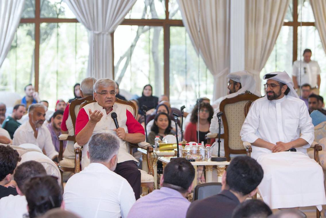 Architect Ashok Mody giving a talk at Sultan Sooud Al Qassemi’s villa in Sharjah. Leslie Pableo / The National