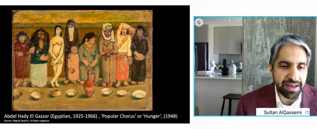 Sultan Sooud Al Qassemi discusses political undertones of iconic artworks of the 20th century in the Arab world, during an Arab Americans In Foreign Affairs Agencies (AAIFAA)-hosted virtual event in honor of National Arab American Heritage Month, April 14. Screenshot courtesy of AAIFAA.