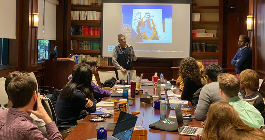 Guest Speaker Ganzeer at a class at Georgetown University, October 2019.