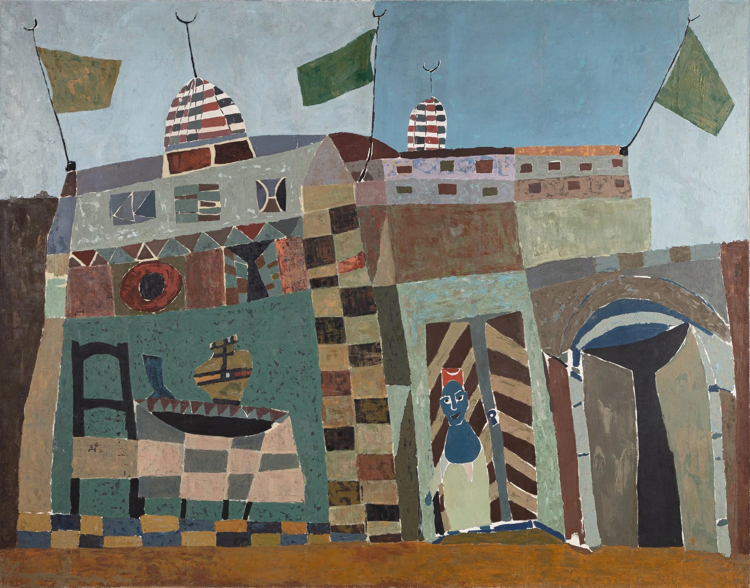 Hamed Abdalla (1917, Cairo, Egypt - 1985, Cairo, Egypt), Hôtel des Rois (Hotel of the Kings), c. 1950’s. Oil on canvas, 197 x 251 cm. Image courtesy of Barjeel Art Foundation, Sharjah