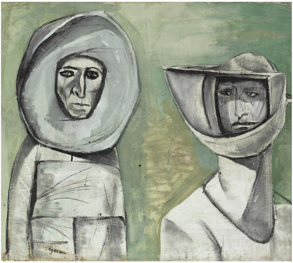Abdel Hadi El Gazzar, Two People in Space Outfits, début des années 1960, huile sur toile, 50 x 56 cm. Courtesy Barjeel Art Foundation, Sharjah
