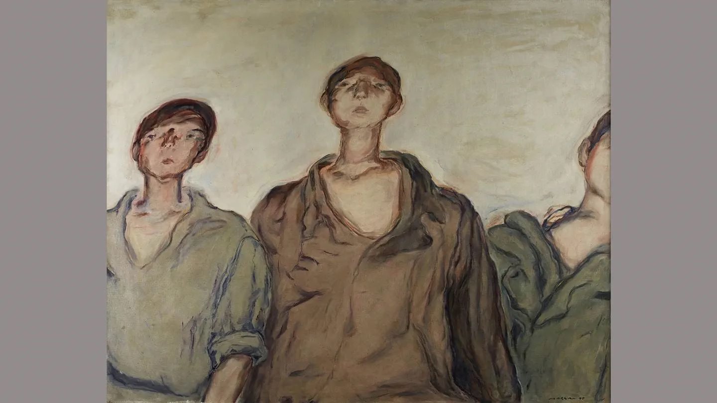 مروان، الأولاد الفلسطينيون الثلاثة، ١٩٧٠. ألوان زيتية على قماش، ١٣٠ × ١٦٢ سم بإذن من مؤسسة بارجيل للفنون، الشارقة