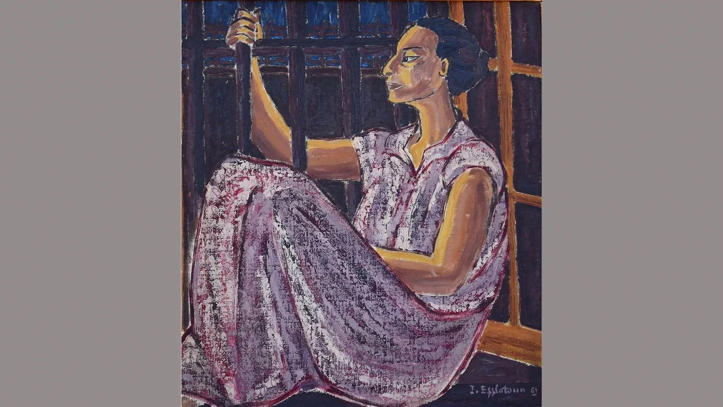 إنجي أفلاطون، أحلام المعتقلة، ١٩٦١. ألوان زيتية على قماش، ٥٠ × ٤٠ سم. بإذن من مؤسسة بارجيل للفنون، الشارقة.