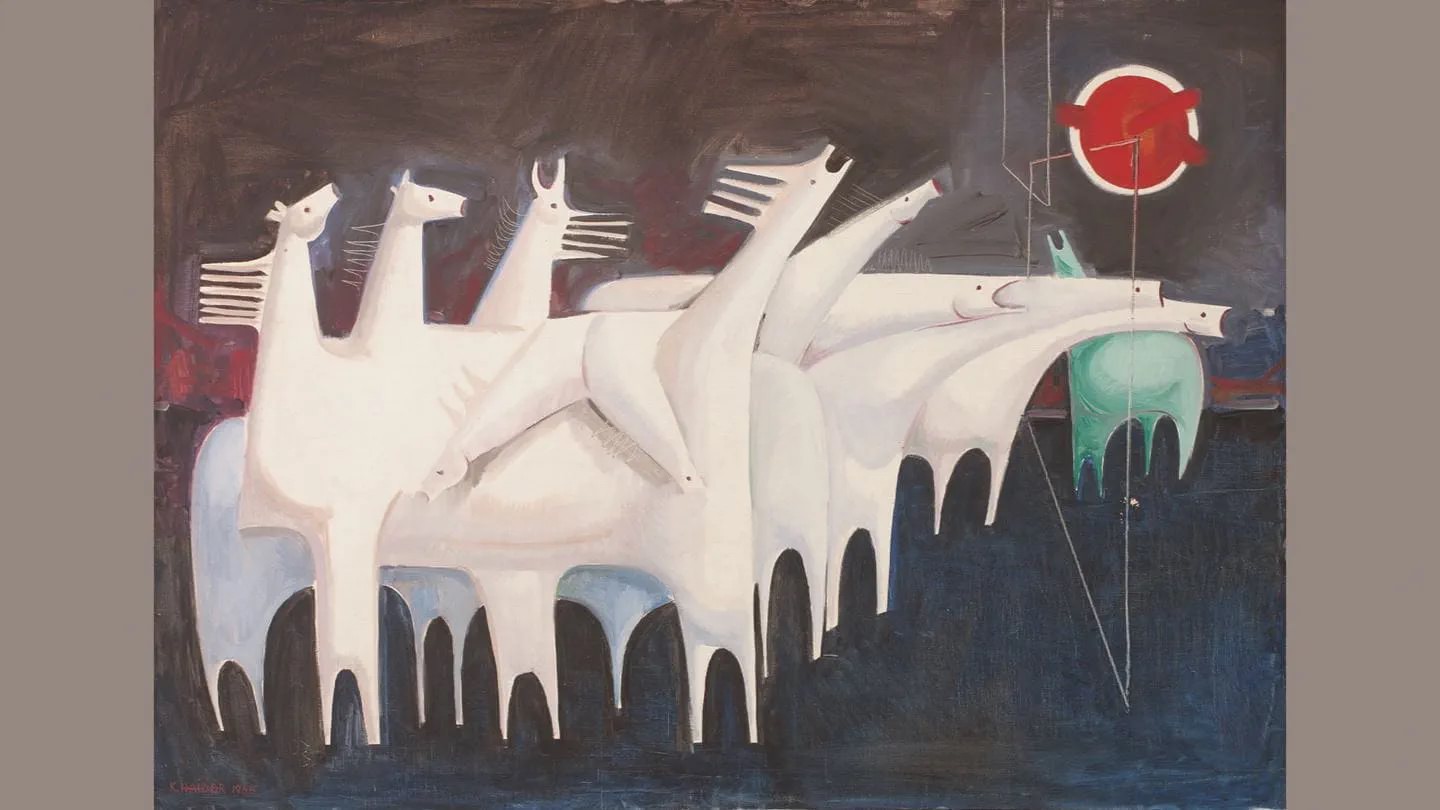 كاظم حيدر، عشرة خيول متعبة تتحاور مع العدم (ملحمة الشهيد)، ١٩٦٥ ألوان زيتية على قماش، ٩١ × ١٢٧ سم. بإذن من مؤسسة بارجيل للفنون، الشارقة